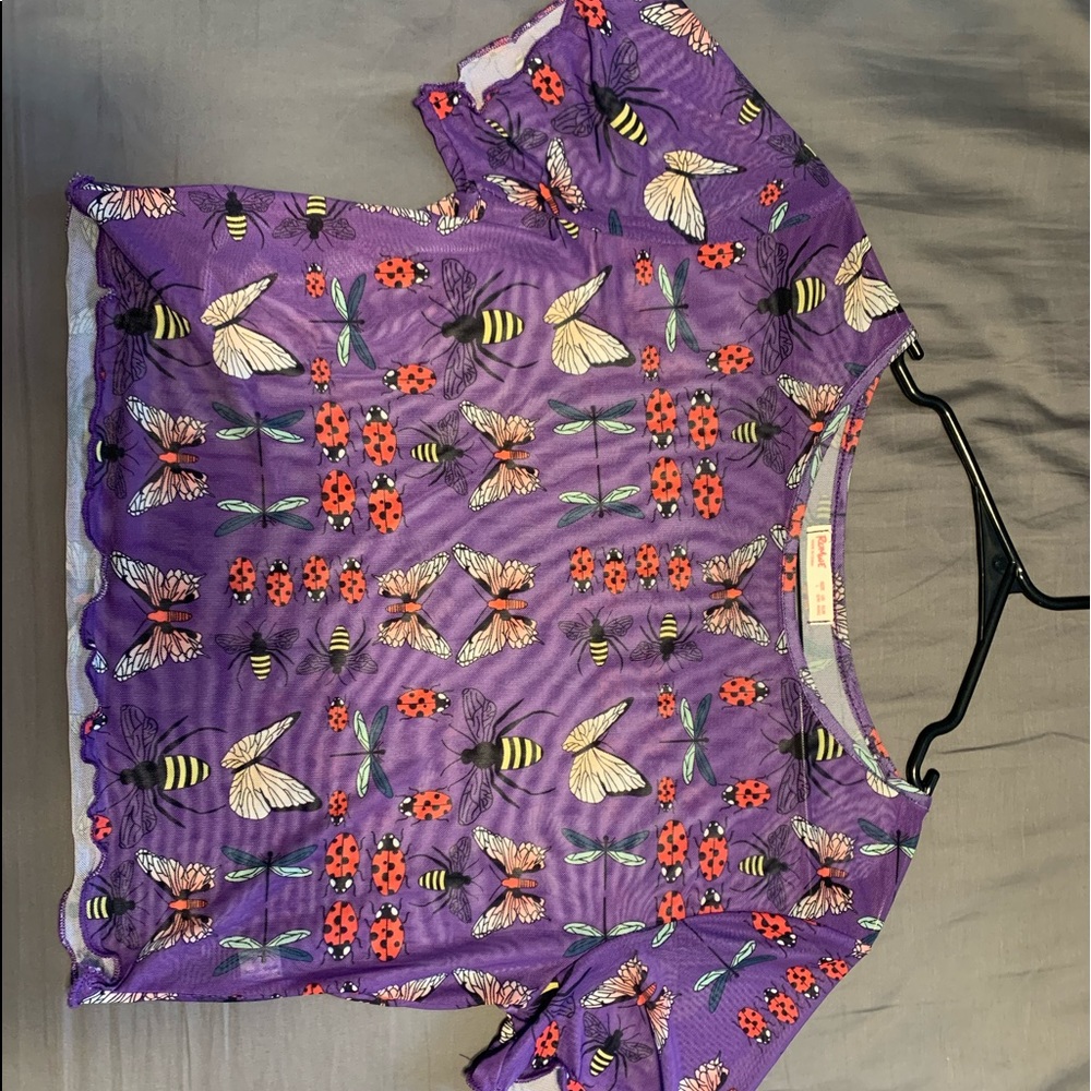 Mesh crop top with cute insect pattern